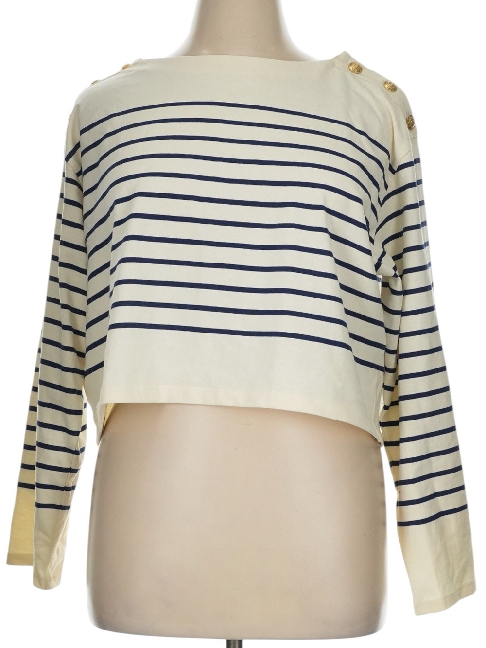 J. Crew Cropped Boatneck T-Shirt with buttons in Mariner Cotton Xl Navy Cream